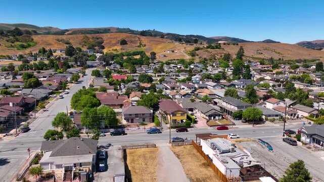 Historic residential buildings aerial view on 6th Street in historic town center of San Juan Bautista, San Benito County, California CA, USA. 