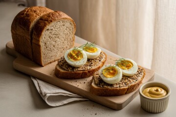 Whole wheat bread loaf and two egg toasts with dill on a wooden board