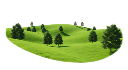 A green hill with trees scattered across it under a bright sky on a sunny day with soft shadows cast