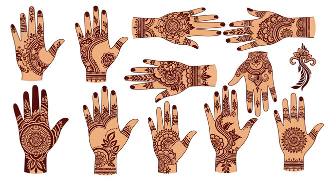 Collection of female hands with traditional Indian henna tattoo designs. Vector illustration set of mehndi patterns on white background