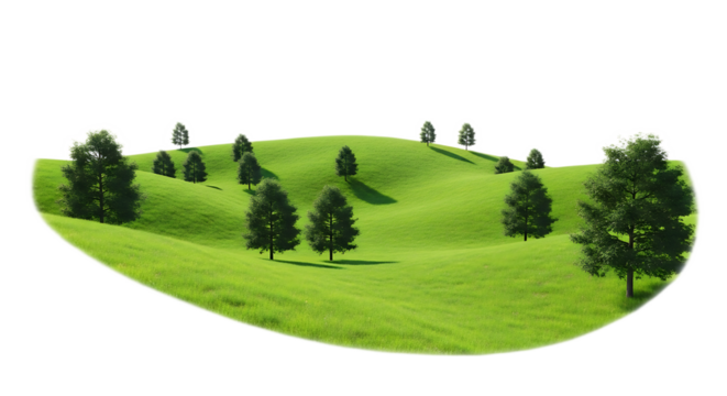 A green hill with trees scattered across it under a bright sky on a sunny day with soft shadows cast