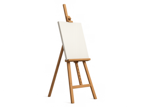 Wooden easel holding a blank white canvas, representing art, creativity, imagination, and a starting point for new projects