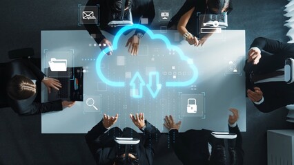 A modern business team engages in collaboration using cloud technology and virtual reality tools, fostering innovative data management practices in a professional office environment. Raster