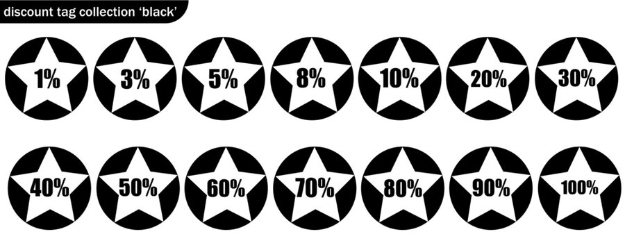 Discount Tag Collection: A comprehensive set of black discount tags featuring varying percentage offers, perfect for retail promotions and marketing materials.