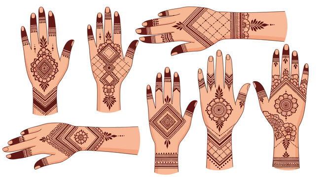 Collection of illustrated hands with intricate mehndi patterns. Traditional Indian and Arabic bridal henna body art vector set