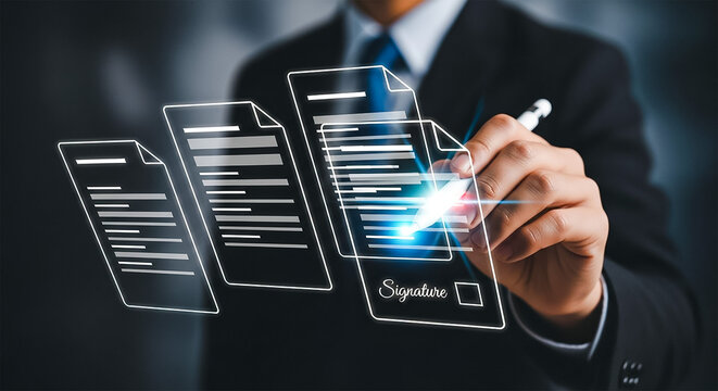 E Signature Businessman Completes Documents Online With Digital Signature and Future Digital Document and Modern
