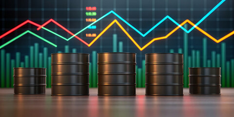 Oil barrel energy market price chart finance volatility investment commodity petroleum industry analytics. Oil barrel lined wood surface with neon price chart background, energy market volatility