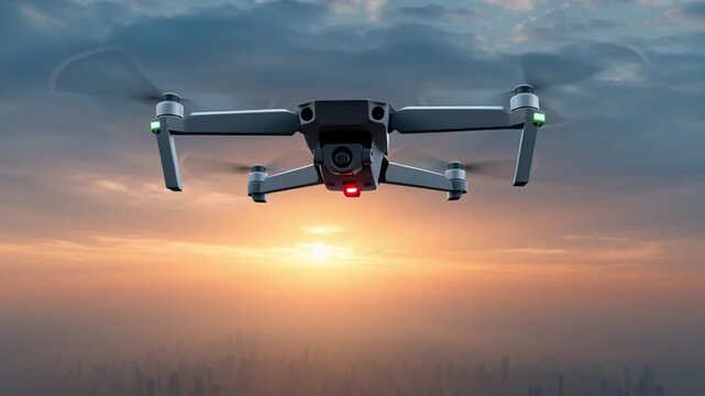 A drone steadily approaches the camera while hovering above a distant cityscape at sunset as its lights activate and body angle shifts slightly during controlled forward motion