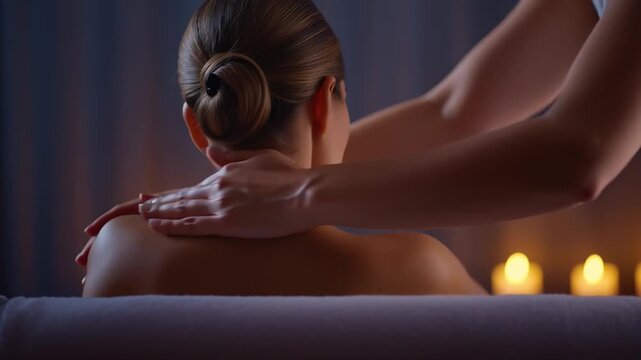 A massage therapist performs smooth circular motions across a woman's upper back in a dim candlelit spa room as her shoulders gently shift with each movement enhancing calm relaxation