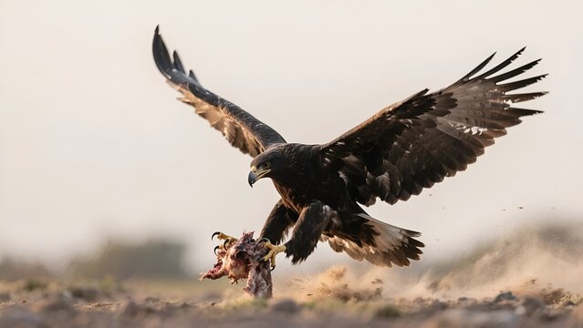 Golden eagle in flight with prey caught in its talons