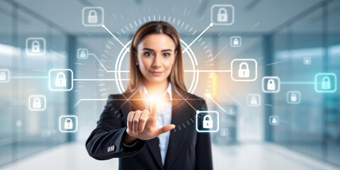 Cybersecurity data protection digital security network firewall encryption authentication access control woman touchscreen Businesswoman engages digital security interface with confidence