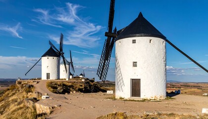 Scenic shot of several white, cylindrical buildings with black-topped roofs and rotating blades on a hill