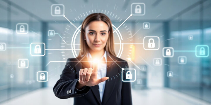 Cybersecurity data protection digital security network firewall encryption authentication access control woman touchscreen Businesswoman engages digital security interface with confidence