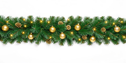 Christmas border pine branch gold ornament fairy light festive garland winter decor holiday banner evergreen gold bauble pine cone create joyful minimalist frame for seasonal design and warm
