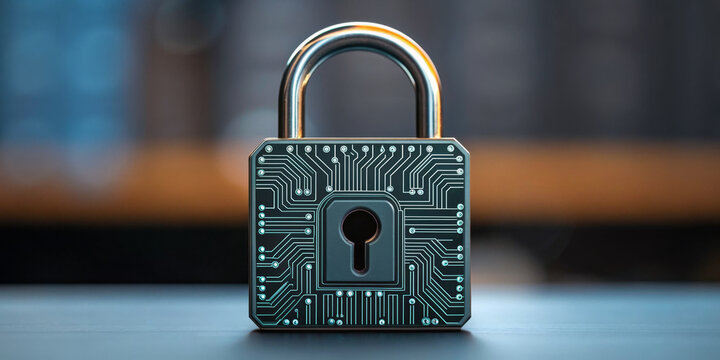 Cybersecurity lock digital padlock circuit board technology data protection network security encryption cyber defense secure access privacy guard conveys modern protection table with sharp focus
