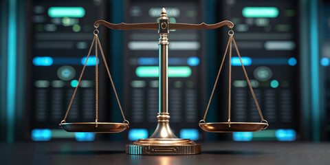 Golden balance scale justice law legal technology digital data cyber server neon