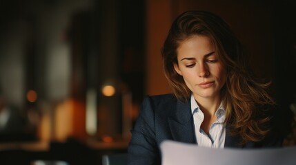 A diligent young woman in a business suit sits at a table, intently reviewing crucial documents in a warm, intimate setting. The focused woman engages deeply with her important wor