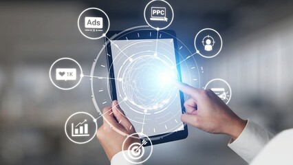 Concept of marketing online strategy using digital marketing, PPC campaigns, social media ads, and SEO analytics. Marketing online improves visibility, digital marketing drives engagement. Gist