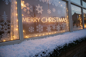 Frosted window snowflake pattern warm lights merry christmas sign winter holiday festive decoration glowing text cozy home snowy ledge seasonal cheer. Frosted window with snowflake pattern