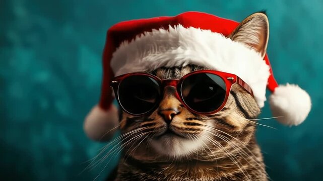 Tabby cat wearing a red Santa hat and cool sunglasses against a vibrant turquoise backdrop, playfully meowing and bobbing its head for a festive, funny Christmas greeting