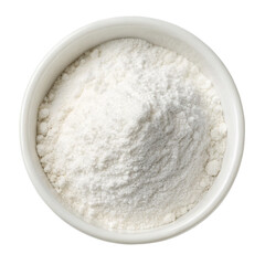 white powdered sugar or icing sugar in a small white bowl isolated on transparent background