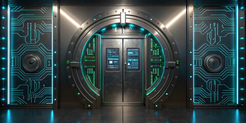 Futuristic vault secure door cyberpunk neon light metal wall circuit pattern data security high tech green glow sci fi atmosphere guarding sealed chamber with glowing panels and intricate circuits