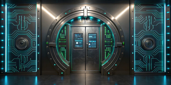 Futuristic vault secure door cyberpunk neon light metal wall circuit pattern data security high tech green glow sci fi atmosphere guarding sealed chamber with glowing panels and intricate circuits