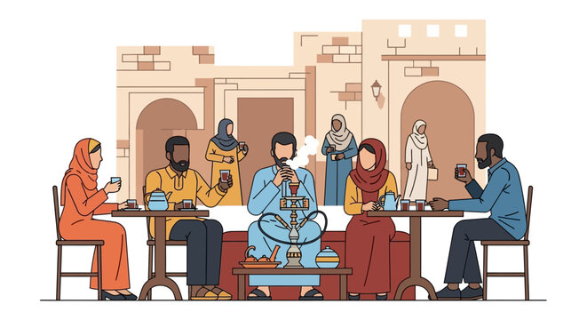 A diverse group of friends enjoying conversation over tea and shisha at a traditional Middle Eastern cafe