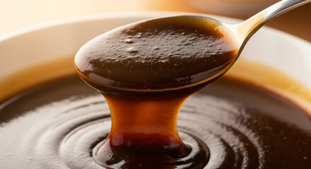 Spoon Scooping Thick Glossy Oyster Sauce