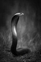 Fototapeta premium Black and white cobra snake alert in natural environment wildlife portrait