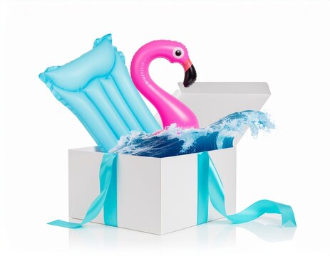 Idée cadeau avec paquet contenant des articles de plage pour des vacances à la mer. Isolé sur fond blanc. Generated Image. 