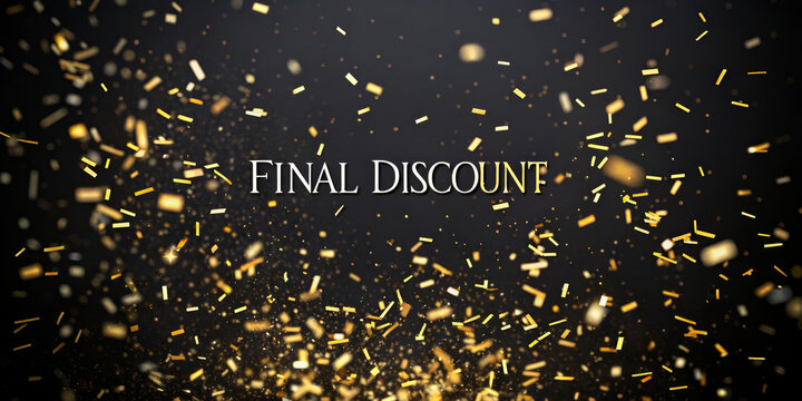 Final discount sale banner gold confetti black background luxury glitter celebration festive promotion elegant mood shine