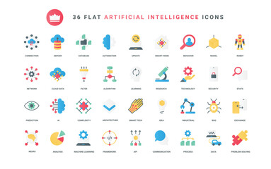 Machine and artificial brain of robot learning, smart algorithms and automation, data cloud analytics and statistics analysis. AI technology trendy flat icons set vector illustration
