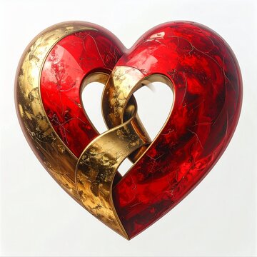 Bijou en forme de coeur rouge et or aux formes entrelac&eacute;es, isol&eacute; sur fond blanc. Generated image.