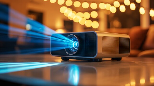 A modern projector emitting bright light beams, set against a cozy background with warm, glowing bokeh lights.