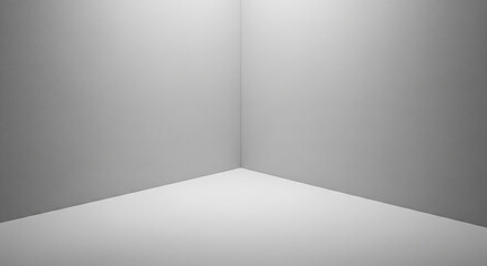 Obraz premium Abstract composition focusing on the corner of a modern office wall and floor, creating a perfect right angle. The surfaces are clean white or light grey, with subtle, even lighting emphasizing .