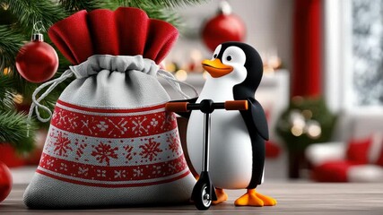 Cheerful penguin cartoon scoots joyfully beside a Santa sack overflowing with gifts by a decorated Christmas tree, cozy indoor scene radiating festive holiday warmth and fun - Powered by Adobe