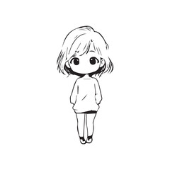 Beautiful Kawaii Girl Black and White Vector Illustration in Cute Simple Line Art Style