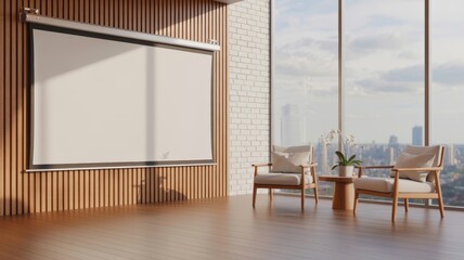 A modern interior featuring wooden accents, a large projection screen, comfortable chairs, and a view of the city skyline.