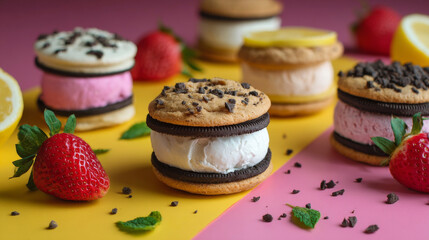 Ice cream sandwiches with strawberry and chocolate. Chocolate chip cookie ice cream sandwich. Generative AI image