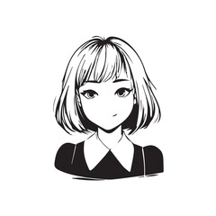 Beautiful Kawaii Girl Black and White Vector Illustration in Cute Simple Line Art Style