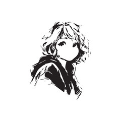 Beautiful Kawaii Girl Black and White Vector Illustration in Cute Simple Line Art Style