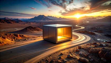 A modern metallic box floats on a desert road at sunset. The landscape includes mountains and winding roads under a vibrant sky
