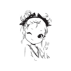 Beautiful Kawaii Girl Black and White Vector Illustration in Cute Simple Line Art Style