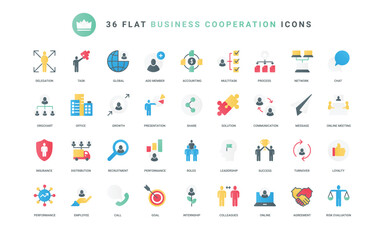 Growth of partnership in corporate team, loyalty in communication and teamwork of employees, success recruitment and leadership. Business cooperation trendy flat icons set vector illustration
