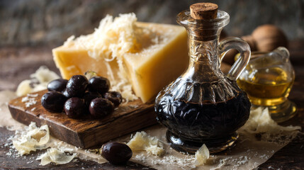 Balsamic vinegar, cheese, and dark olives creating a rustic culinary scene. Generative AI image