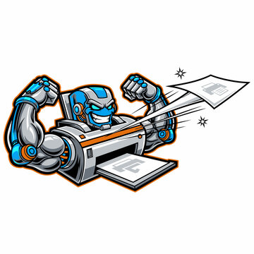 Cartoon vector printer machine robot flexing and throwing paper powerfully