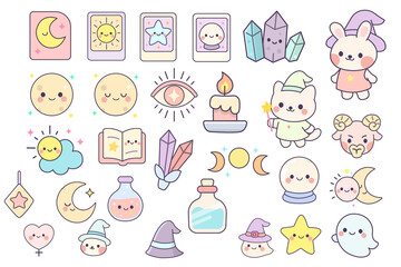 Kawaii Pastel Mystic Clipart Set – Witch, Crystals, Moon, Tarot Icons