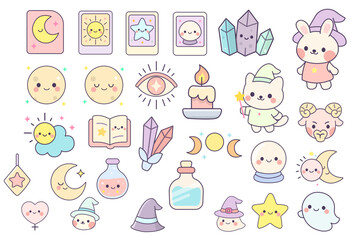 Kawaii Pastel Mystic Clipart Set – Witch, Crystals, Moon, Tarot Icons
