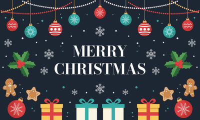 Fototapeta premium Flat Vector Merry Christmas Greeting Card with Hanging Ornaments, Snowflakes, Holly Leaves, Gingerbread Cookies and Gift Boxes on Dark Festive Background